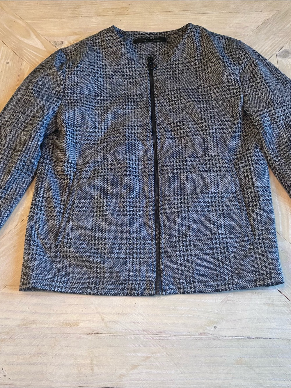 Zara Black & Gray Plaid Zip-Front Blazer